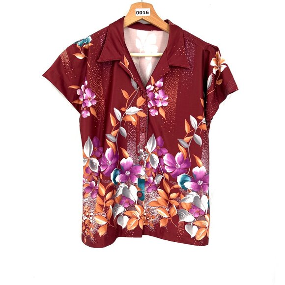 Vintage handmade floral button up front shirt tropical Hawaiian print Fall top S - Picture 2 of 12